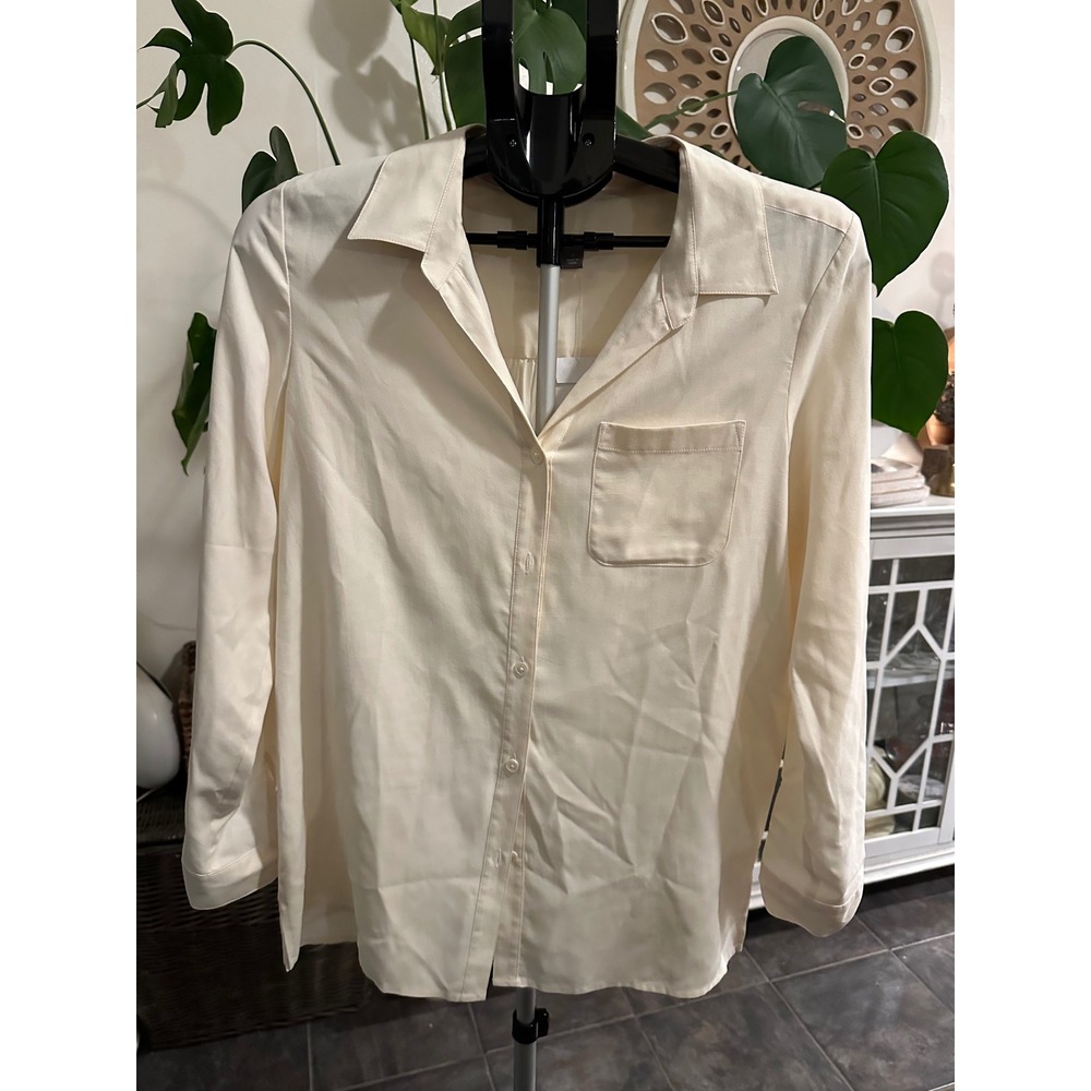 J. Jill 100% Silk Button Down Blouse Ivory Cream Roll-Tab‎ Sleeve Small